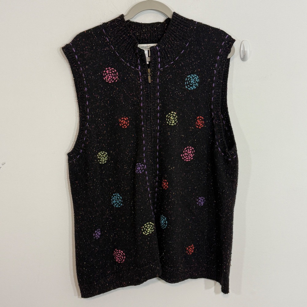 Coldwater Creek Women Vest 2X Black Embroidered Floral Zip Boho Confetti Vintage